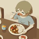  1boy :d apple_slice avogado6 blue_shirt brown_hair closed_eyes colored_skin commentary cup curry curry_rice eating fang food food_art food_on_face grey_background open_mouth original rice shirt short_hair short_sleeves smile solo_focus table white_skin 