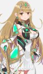  aegis_sword_(xenoblade) bangs bare_shoulders blonde_hair breasts chest_jewel cleavage cleavage_cutout clothing_cutout dress earrings elbow_gloves gloves highres jewelry kinagi_(3307377) large_breasts long_hair mythra_(xenoblade) short_dress swept_bangs tiara very_long_hair white_dress white_gloves xenoblade_chronicles_(series) xenoblade_chronicles_2 yellow_eyes 