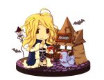  1girl alternate_color bangs basket bat bird blonde_hair blue_cape blue_shirt bow brown_hair candle cape chibi chicken closed_mouth commentary_request egg endo_mame full_body fur-trimmed_cape fur_trim lamppost long_hair looking_afar messy_hair purple_skirt ragnarok_online red_bow shirt skirt smile standing white_background wizard_(ragnarok_online) 