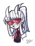  1girl coat dated demon_girl formal goggles grizz helltaker highres horns labcoat long_hair looking_at_viewer loremaster_(helltaker) open_clothes ponytail red_shirt shirt signature simple_background smile smirk solo white_background white_hair white_horns 