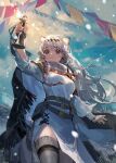  animal_ear_fluff animal_ears arknights bell belt belt_pouch braid cape ciloranko highres holding kneehighs leopard_ears long_hair long_sleeves looking_up pelvic_curtain pouch pramanix_(arknights) silver_eyes silver_hair sky snow 