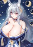  1girl absurdres animal_ears azur_lane bare_shoulders blue_eyes blue_kimono breasts cleavage detached_collar fox_ears from_above highres huge_breasts japanese_clothes kimono long_hair moon_phases off-shoulder_kimono shinano_(azur_lane) silver_hair solo very_long_hair zetsuhei_no_roran 