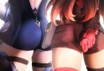 2girls amber_(genshin_impact) ass belt brown_hair close-up eula_lawrence from_behind genshin_impact gloves highres leotard lower_body maxwell_manzoku multiple_girls pouch short_shorts shorts simple_background skindentation thigh_strap thighhighs thighs white_background 