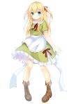  1girl apron bare_legs blonde_hair blue_eyes boots breasts brown_footwear dress frilled_dress frills full_body green_dress hair_ribbon long_hair original puffy_short_sleeves puffy_sleeves ribbon setona_(daice) short_sleeves simple_background small_breasts smile two_side_up white_background 