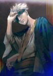  1boy absurdres black_background black_blindfold blindfold blindfold_lift blue_eyes cowboy_shot gojou_satoru hand_up haori highres jacket jacket_on_shoulders japanese_clothes jujutsu_kaisen kimono kyuuba_melo looking_at_viewer male_focus one_eye_covered parted_lips short_hair solo standing white_hair white_kimono wide_sleeves 