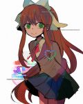  1girl arms_behind_back bangs blazer blue_skirt bow brown_hair crazy_eyes doki_doki_literature_club glitch green_eyes grey_jacket hair_bow heart jacket leaning_forward long_hair long_sleeves monika_(doki_doki_literature_club) neck_ribbon pink_neckwear pleated_skirt ponytail red_neckwear ribbon school_uniform sidelocks simple_background skirt smile solo soumenhiyamugi very_long_hair white_background white_bow 