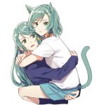  2girls :/ akni animal_ears aqua_hair aqua_shorts arms_around_neck bang_dream! bangs blue_shirt bow braid carrying cat_ears cat_girl cat_tail closed_mouth commentary_request cropped_torso eyebrows_visible_through_hair green_eyes hair_bow hikawa_hina hikawa_sayo kemonomimi_mode korean_commentary long_hair long_sleeves looking_at_another looking_at_viewer multiple_girls open_mouth shiny shiny_hair shirt short_hair short_sleeves shorts siblings side_braids simple_background sisters sweatdrop swept_bangs tail tail_raised twin_braids twins upper_body v-shaped_eyebrows white_background white_shirt yellow_bow 