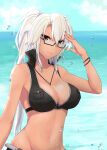  1girl absurdres bikini black-framed_eyewear black_bikini blue_sky breasts brown_eyes cleavage cloud commentary_request dark-skinned_female dark_skin day glasses highres horizon jousanrou kantai_collection large_breasts looking_at_viewer musashi_(kancolle) ocean outdoors ponytail rectangular_eyewear semi-rimless_eyewear silver_hair sky solo swimsuit upper_body 