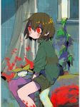  1other androgynous bangs bath bath_of_blood bathroom bathtub blood blood_on_face blood_splatter blush_stickers brown_hair chara_(undertale) closed_eyes closed_mouth curtains expressionless flower flowey_(undertale) green_shorts hair_between_eyes long_sleeves multiple_others plant red_eyes shorts sitting sleeping soumenhiyamugi striped striped_sweater sweater tile_wall tiles undertale vines yellow_flower 