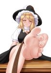  1girl absurdres barefoot belt black_dress blonde_hair blush breasts dress feet foot_focus foot_out_of_frame foreshortening greek_toe hat highres holding holding_leash kirisame_marisa leash long_hair looking_at_viewer medium_breasts oirin perspective simple_background sitting smile soles solo toenails toes touhou turtleneck white_background witch_hat yellow_eyes 