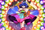  1girl :d arm_above_head blue_eyes blue_hair blurry bright_pupils cape danmaku depth_of_field dress feet_out_of_frame hairband highres index_finger_raised multicolored multicolored_clothes multicolored_dress open_mouth rainbow_gradient short_hair smile solo tenkyuu_chimata touhou translation_request yuka_yukiusa 