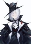  1girl absurdres arknights ascot black_coat black_dress black_headwear chinese_commentary coat commentary_request dress expressionless gladiia_(arknights) gothic hair_over_one_eye hat head_tilt high_collar highres llmia4 looking_at_viewer pointy_ears pointy_hat red_eyes silver_hair upper_body white_background white_neckwear 