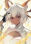  1girl animal_ears arknights bangs black_gloves breasts carnelian_(arknights) cleavage closed_mouth commentary dark-skinned_female dark_skin fanshu gloves goat_ears goat_horns hand_in_hair highres horns long_sleeves looking_at_viewer medium_breasts portrait red_eyes short_hair silver_hair simple_background solo v-shaped_eyebrows white_background 