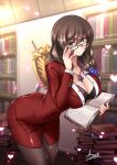  1girl adsouto alternate_costume book bra breasts brown_hair cleavage genshin_impact glasses green_eyes highres lace-trimmed_bra lace_trim large_breasts lisa_minci looking_at_viewer pantyhose pencil_skirt skirt smile tagme teacher underwear vision_(genshin_impact) 