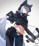  1girl animal_ears arknights artist_name baseball_cap black_headwear black_pants black_shirt cowboy_shot cropped_shirt crossbow dutch_angle grey_background hat headset highres holding_crossbow holster implied_extra_ears large_tail looking_down midriff navel nian pants provence_(arknights) shadow shirt simple_background skindentation solo tail weapon wolf_ears wolf_girl wolf_tail yellow_eyes 