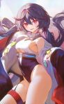  1girl absurdres allen_m._sumner_(azur_lane) azur_lane bangs bare_shoulders blush breasts cleavage clothing_cutout collared_leotard contrapposto cowboy_shot eyebrows_visible_through_hair from_side g141 hair_between_eyes highleg highleg_leotard highres huge_filesize leotard long_hair looking_at_viewer looking_to_the_side low_twintails lower_teeth medium_breasts off_shoulder open_mouth pink_eyes pink_hair purple_hair sidelighting smile solo star_(symbol) thigh_strap thighs twintails two-tone_leotard underboob underboob_cutout 