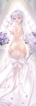  1girl :d alternate_costume ass bangs bar_censor bare_shoulders blush bow braid breasts censored clothes_pull dress dress_pull emilia_(re:zero) eyebrows_visible_through_hair flower from_behind hair_ornament hair_ribbon hand_on_own_ass hand_up indoors jiushi_shijiu large_breasts long_hair looking_at_viewer looking_back medium_breasts nipples nude open_mouth petals pointy_ears purple_flower purple_ribbon pussy re:zero_kara_hajimeru_isekai_seikatsu ribbon silver_hair sleeveless sleeveless_dress smile solo standing strapless strapless_dress wedding wedding_dress white_bow white_dress x_hair_ornament 