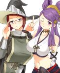  2girls absurdres breasts brown_eyes closed_mouth comb commission double_bun earrings fire_emblem fire_emblem_awakening fire_emblem_fates glasses hair_ornament hat highres igni_tion jewelry large_breasts looking_at_viewer md5_mismatch miriel_(fire_emblem) multiple_girls one_eye_closed orochi_(fire_emblem) purple_eyes purple_hair red_hair resolution_mismatch smile source_smaller upper_body witch_hat 