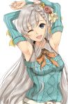  1girl absurdres armpits arms_up braid braided_bangs detached_sleeves eyebrows_visible_through_hair flower gatsby_ssl grey_hair hair_flower hair_ornament highres hisakawa_hayate idolmaster idolmaster_cinderella_girls idolmaster_cinderella_girls_starlight_stage long_hair looking_at_viewer one_eye_closed open_mouth simple_background smile solo white_background 