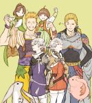  2girls 4boys ahoge alisaie_leveilleur alphinaud_leveilleur angelo_(ff14) beard blonde_hair brother_and_sister brothers brown_hair carbuncle_(final_fantasy) carrying edgar_roni_figaro facial_hair final_fantasy final_fantasy_iv final_fantasy_vi final_fantasy_xiv hand_on_hip looking_at_another mash_rene_figaro multiple_boys multiple_girls n122425 one_eye_closed palom pointy_ears ponytail porom shoulder_carry siblings silver_hair smile standing striped twins vertical_stripes 