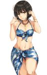  1girl bikini black_hair bracelet breasts cleavage eyebrows_visible_through_hair floral_print flower gatsby_ssl hair_flower hair_ornament idolmaster idolmaster_cinderella_girls jewelry looking_at_viewer medium_breasts navel necklace sarong short_hair simple_background solo swimsuit takafuji_kako white_background yellow_eyes 