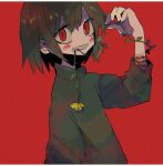  1other bangs blush brown_hair chara_(undertale) clenched_teeth flower green_sweater holding long_hair long_sleeves mouth_hold plant red_background red_eyes simple_background solo soumenhiyamugi spikes striped striped_sweater sweater teeth undertale upper_body vines yellow_flower 
