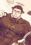  1boy animal_ears bara black_bodysuit black_hair blush bodysuit brown_theme cat_boy cat_ears cat_tail cat_teaser covered_abs covered_navel dutch_angle facial_hair frown halo kemonomimi_mode large_pectorals looking_at_viewer male_focus mature_male monochrome muscular muscular_male pectorals po_fu short_hair solo stubble tail tokyo_houkago_summoners zabaniya_(tokyo_houkago_summoners) 