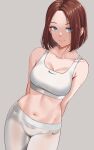  1girl arms_behind_back bare_arms bare_shoulders blue_eyes blush breasts brown_hair cleavage closed_mouth collarbone commentary ear_piercing forehead grey_background highres looking_at_viewer medium_breasts mole mole_under_eye navel pants piercing ryudraw samsung samsung_sam short_hair simple_background smile solo sports_bra stomach sweat white_pants white_sports_bra yoga_pants 