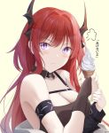  1girl anger_vein arknights artist_name bangs black_dress blush breasts cleavage closed_mouth detached_collar dress eyebrows_visible_through_hair food highres holding holding_food horns ice_cream ice_cream_cone infection_monitor_(arknights) keenh large_breasts long_hair long_sleeves looking_at_viewer purple_eyes red_hair simple_background sleeveless sleeveless_dress soft_serve solo surtr_(arknights) translated upper_body yellow_background zipper 