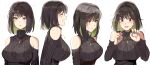  ... 1girl absurdres bangs bare_shoulders black_hair blue_nails blush breasts brown_eyes clothing_cutout colored_inner_hair crying earrings eyebrows_visible_through_hair green_hair highres jewelry large_breasts laughing medium_hair miru_(ormille) mole mole_under_eye multicolored_hair multiple_views nail_polish open_mouth original ormille shoulder_cutout simple_background surprised sweater tears turtleneck turtleneck_sweater two-tone_hair white_background 