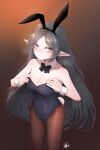  1girl absurdres animal_ears black_hair black_legwear black_leotard black_neckwear bow bowtie breasts brown_background bunny_ears bunny_tail character_name cleavage commentary_request cowboy_shot detached_collar gradient gradient_background grey_eyes highres kokukyukeo korean_commentary large_breasts leotard looking_at_viewer maplestory pantyhose playboy_bunny pointy_ears solo standing tail wrist_cuffs 