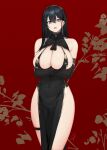  1girl bangs black_dress black_gloves black_hair blush breasts china_dress chinese_clothes cleavage cleavage_cutout clothing_cutout crossed_arms dress earrings elbow_gloves floral_background gloves hayabusa highres jewelry large_breasts long_hair looking_at_viewer mole mole_on_breast mole_under_eye mole_under_mouth open_mouth original pelvic_curtain purple_eyes red_background sleeveless solo standing thigh_strap thighs 