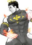  1boy alternate_costume bara bare_shoulders black_hair blush bulge covered_abs covered_navel facial_hair flaming_hand frown halo hip_vent large_pectorals male_focus mature_male muscular muscular_male pectorals po_fu short_hair sideburns solo spot_color stubble thick_thighs thighs tokyo_houkago_summoners zabaniya_(tokyo_houkago_summoners) 