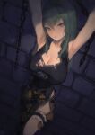  1girl armpits arms_up bangs bare_arms bare_shoulders bdsm blue_eyes bondage bound breasts brick_wall chain china_dress chinese_clothes cleavage commentary dress green_hair hair_between_eyes highres large_breasts leg_garter long_hair looking_at_viewer nat_the_lich ofuda parted_lips shaman_king side_slit sleeveless sleeveless_dress solo tao_jun thighs wide_hips 