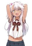  1girl arms_up blush_stickers chloe_von_einzbern collared_shirt dark-skinned_female dark_skin eyebrows_visible_through_hair fate/kaleid_liner_prisma_illya fate_(series) hair_ornament heart heart_hair_ornament highres homurahara_academy_uniform long_hair looking_at_viewer navel neck_ribbon one_side_up open_mouth pink_hair pleated_skirt rauto ribbon school_uniform shirt simple_background skirt smile solo stomach_tattoo t-shirt tattoo upper_body white_background white_shirt yellow_eyes 