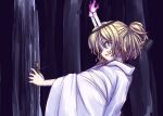  1girl alternate_costume bangs blonde_hair candle commentary_request evil_smile fire flame green_eyes half_updo hammer hashihime holding holding_hammer isu_(is88) japanese_clothes kimono mallet mizuhashi_parsee nail open_mouth pointy_ears profile short_hair short_ponytail smile solo touhou upper_body waraningyou white_kimono wide_sleeves 