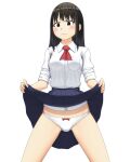  1girl ascot bangs black_eyes black_hair blue_skirt blush bow bow_panties closed_mouth clothes_lift commentary_request cowboy_shot crotch_seam dress_shirt frown lifted_by_self long_hair long_sleeves looking_at_viewer maburu_(lojyq1eur3e8bit) miniskirt original panties pleated_skirt red_neckwear school_uniform shirt simple_background skirt skirt_lift sleeves_rolled_up solo standing underwear white_background white_panties wing_collar 