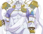  1boy abs alternate_pectoral_size armlet bara beard bursting_pectorals cowboy_shot facial_hair fate/grand_order fate_(series) greek_clothes groin highres hoshieda_(hoshinoedao) large_pectorals long_hair male_cleavage male_focus male_pubic_hair mature_male muscular muscular_male nipples no_pants old old_man pectorals pubic_hair sash shrug_(clothing) solo stomach very_long_hair zeus_(fate) 