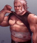  1boy abs bandages bara bare_pectorals bare_shoulders beard belt black_tank_top clothes_lift da_luode facial_hair lifted_by_self male_focus mature_male muscular muscular_male navel nipples old old_man overwatch pectorals reinhardt_(overwatch) scar scar_across_eye scar_on_arm scar_on_chest shirt_lift short_hair solo stomach tank_top upper_body 
