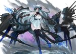  1girl absurdres ahoge armpits azur_lane bangs bare_shoulders black_footwear black_gloves blue_hair breasts cleavage closed_mouth commentary crossed_bangs dmno#0 dress expressionless eyebrows_visible_through_hair floating_hair full_body gloves hair_between_eyes hair_ornament helena_(azur_lane) helena_(meta)_(azur_lane) highres long_hair looking_to_the_side medium_breasts outstretched_arms purple_eyes rigging searchlight sidelocks skindentation sleeveless sleeveless_dress solo standing standing_on_liquid standing_on_one_leg thighhighs turret very_long_hair waist_cape white_background white_dress 