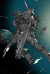  axis_(gundam) bazooka_(gundam) beam_rifle char&#039;s_counterattack damaged earth_(planet) energy_gun fin_funnels flying gun gundam highres holding holding_gun holding_weapon looking_to_the_side mecha mobile_suit no_humans nu_gundam planet science_fiction shield solo space v-fin weapon yoshinaga_yunosuke 