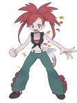  1girl :d absurdres bangs clenched_hand collarbone eyelashes flannery_(pokemon) gym_leader hair_tie highres leaf legs_apart long_hair looking_at_viewer midriff mimura_(nnnnnnnnmoo) navel open_mouth pants pokemon pokemon_(game) pokemon_oras red_eyes red_hair shirt shoes simple_background smile solo standing swept_bangs tied_hair tied_shirt tongue upper_teeth v-shaped_eyebrows white_background 