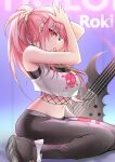  1girl adjusting_hair black_footwear black_pants crop_top cross-laced_clothes fishnet_top fishnets guitar hair_tie highres hololive hololive_english instrument jewelry light_blush long_hair looking_at_viewer mori_calliope mouth_hold navel necklace pants pink_eyes pink_hair ponytail roki_(vocaloid) shoes sidelocks sitting sleeveless sneakers solo tight tight_pants virtual_youtuber watermark weyas_kayur yokozuwari 