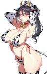  1girl absurdres animal_ears animal_print armpits arms_behind_head arms_up bell bikini black_hair blush breasts cleavage commentary_request cow_ears cow_horns cow_print cow_tail earrings elbow_gloves fake_animal_ears fake_horns gan_(shanimuni) gloves hat highleg highleg_bikini highres horns jewelry large_breasts lips long_hair looking_at_viewer mahou_shoujo_madoka_magica mahou_shoujo_suzune_magica mikoto_tsubaki mole mole_on_breast mouth_hold navel neck_bell purple_eyes shiny shiny_hair shiny_skin simple_background smile solo stomach sweat sweatdrop swimsuit tail thighhighs thighs tied_hair white_background 