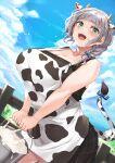  1girl animal_ears animal_print apron bangs bare_shoulders black_dress blue_sky blunt_bangs blush breasts bucket cleavage collarbone cow_ears cow_horns cow_print cow_tail curvy dress fence green_eyes highres hololive horns large_breasts looking_at_viewer milk moisture_(chichi) open_mouth shirogane_noel short_braid short_hair silver_hair sky smile solo tail white_apron wooden_fence 