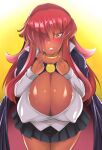  1girl absurdres blush breasts cape cleavage dark_skin hair_over_one_eye highres huge_breasts kirche_augusta_frederica_von_anhalt_zerbst large_breasts long_hair looking_at_viewer shiny shiny_skin shippu-fx skirt solo tan zero_no_tsukaima 