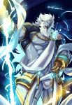  1boy abs bara bare_pectorals beard bulge facial_hair fate/grand_order fate_(series) feet_out_of_frame greek_clothes grin highres large_pectorals lightning long_hair looking_at_viewer male_focus mature_male muscular muscular_male nipples old old_man pectorals sash shrug_(clothing) smile solo stomach thick_thighs thighs very_long_hair yaosan233 zeus_(fate) 