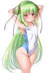  1girl :o armpits arms_behind_head bangs blunt_bangs breasts commentary_request competition_swimsuit eyebrows_visible_through_hair green_hair highres long_hair looking_at_viewer murasame_(senren) one-piece_swimsuit pink_eyes senren_banka simple_background small_breasts solo swimsuit thighs very_long_hair white_background yuzu-soft zirba 