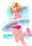  1girl absurdres aikatsu!_(series) aikatsu_stars! blonde_hair bow cloud flip-flops frills from_behind gradient_hair hair_bow highres innertube looking_back multicolored_hair nijino_yume ocean open_mouth pink_hair sandals smile solo supersaiazin-kanako swimsuit twintails yellow_eyes 