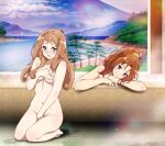  2girls :d arm_support bathhouse bathing bathtub between_legs blush breasts brown_hair completely_nude covering covering_breasts covering_crotch full_body green_eyes grin hand_between_legs hibike!_euphonium highres indoors lens_flare long_hair looking_at_viewer multiple_girls nakagawa_natsuki navel nude on_floor open_mouth orange_hair painting_(object) ponytail purple_eyes reflective_floor sbel02 seiza short_bangs short_eyebrows sitting small_breasts smile steam teeth thick_eyebrows tile_floor tiles wet wet_hair yoshikawa_yuuko 